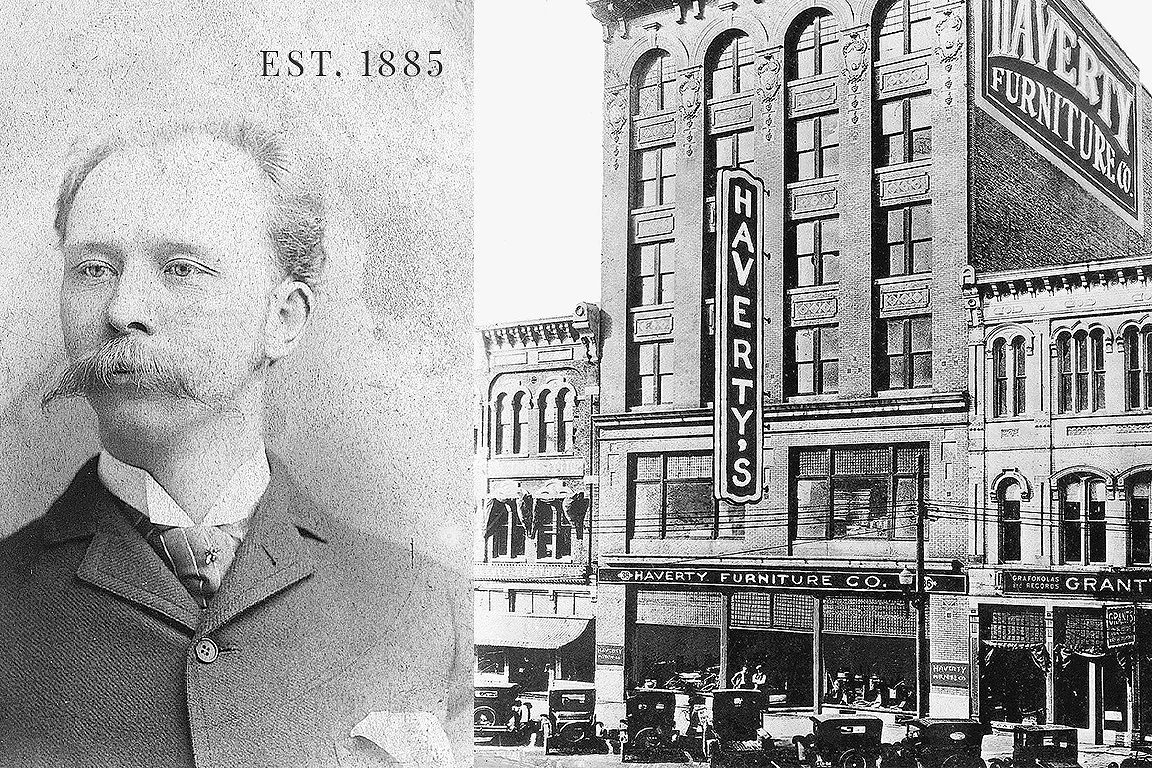 Image of Havertys founder, JJ Haverty and a photo of one of the first Havertys store locations